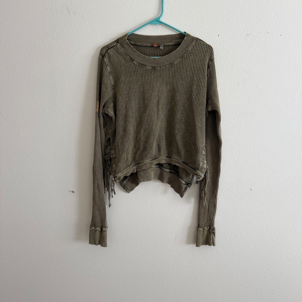 FP One Free People Olive Green Waffle Knit Thermal Lace Up Fringe Crop Top L/G